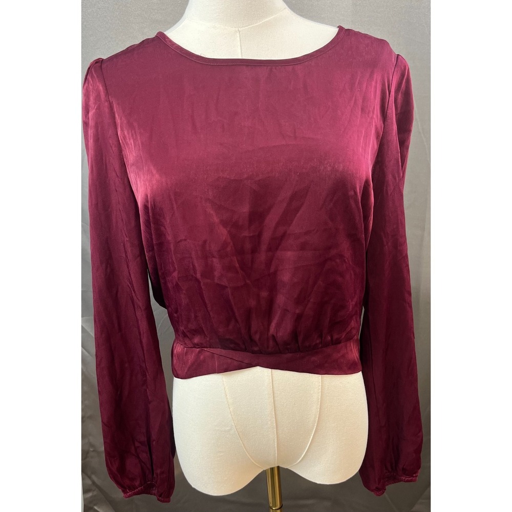 Heatherly Red Satin Long Sleeve Crop Tie Waist Top Small Holiday Bow Back